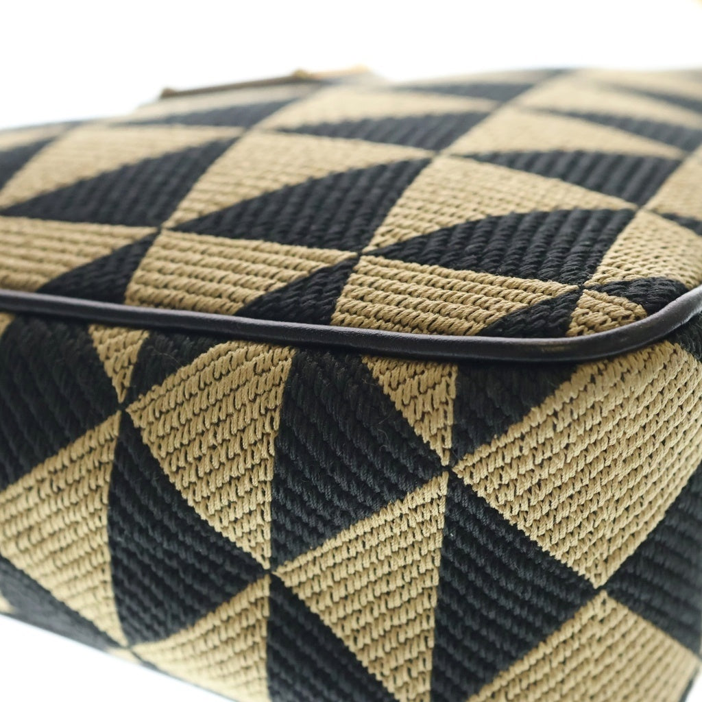 PRADA(プラダ) トライアングル ロゴプレート キャンバス レザー 2WAY ハンド チェーン ワンショルダー バッグ ゴールド金具 ブラック/ベージュ 1BC176 レディース