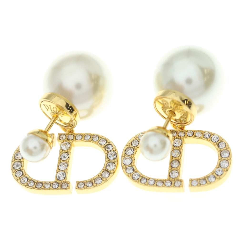 Christian Dior(クリスチャンディオール) CDロゴピアス ラインストーン パール ホワイト×ゴールド GP レディース