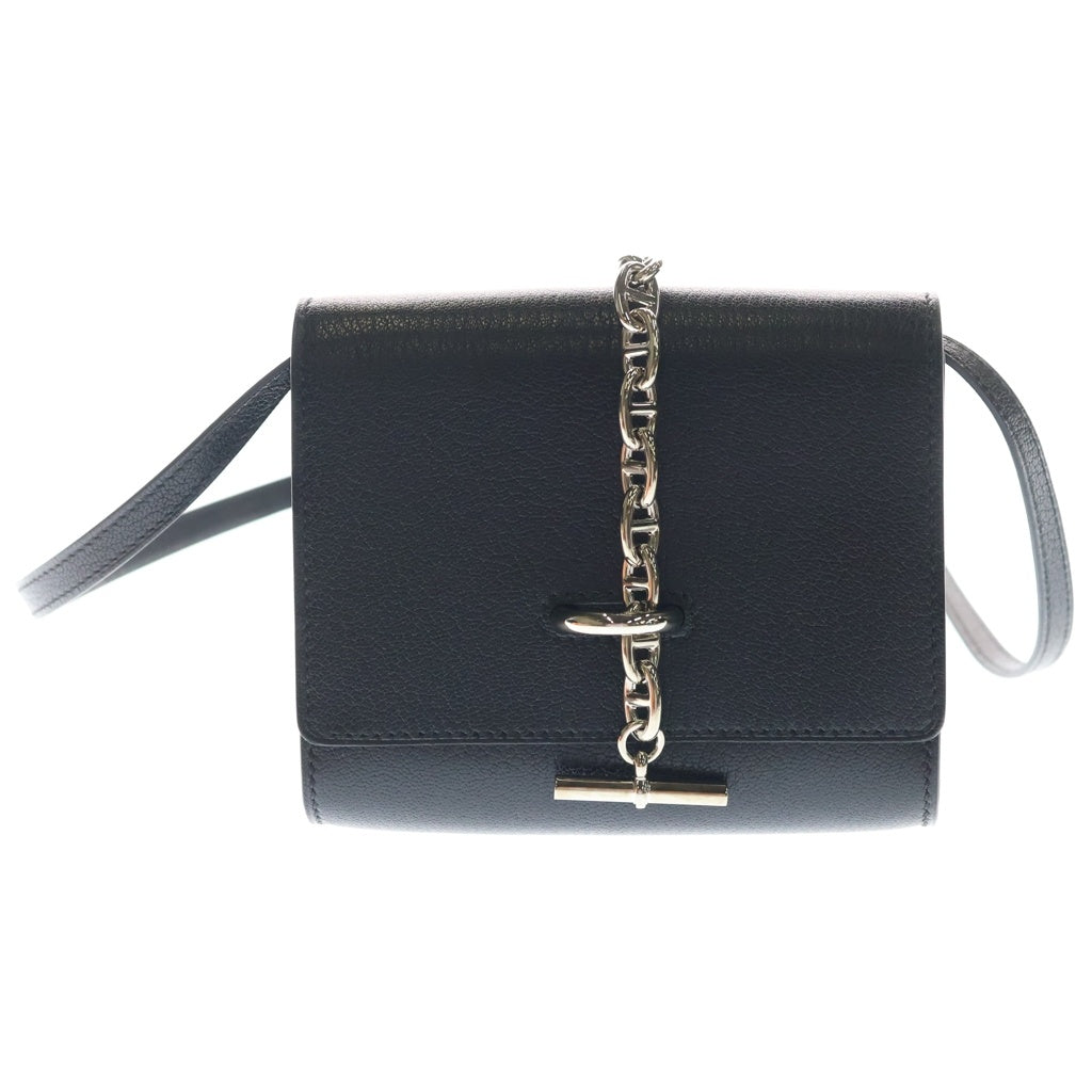 HERMES(エルメス) シェーヌダンクル コンパクト ウォレット 二つ折り財布 ショルダーバッグ ブラック シェブルミゾル B刻印 シルバー金具 レディース