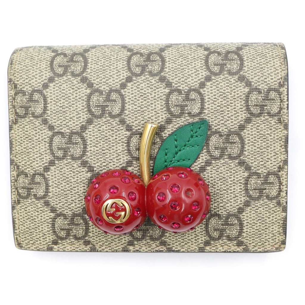 GUCCI(グッチ) GGスプリーム チェリー 二つ折り財布 コンパクトウォレット コインケース ベージュ PVCレザー 476050 ゴールド金具 レディース