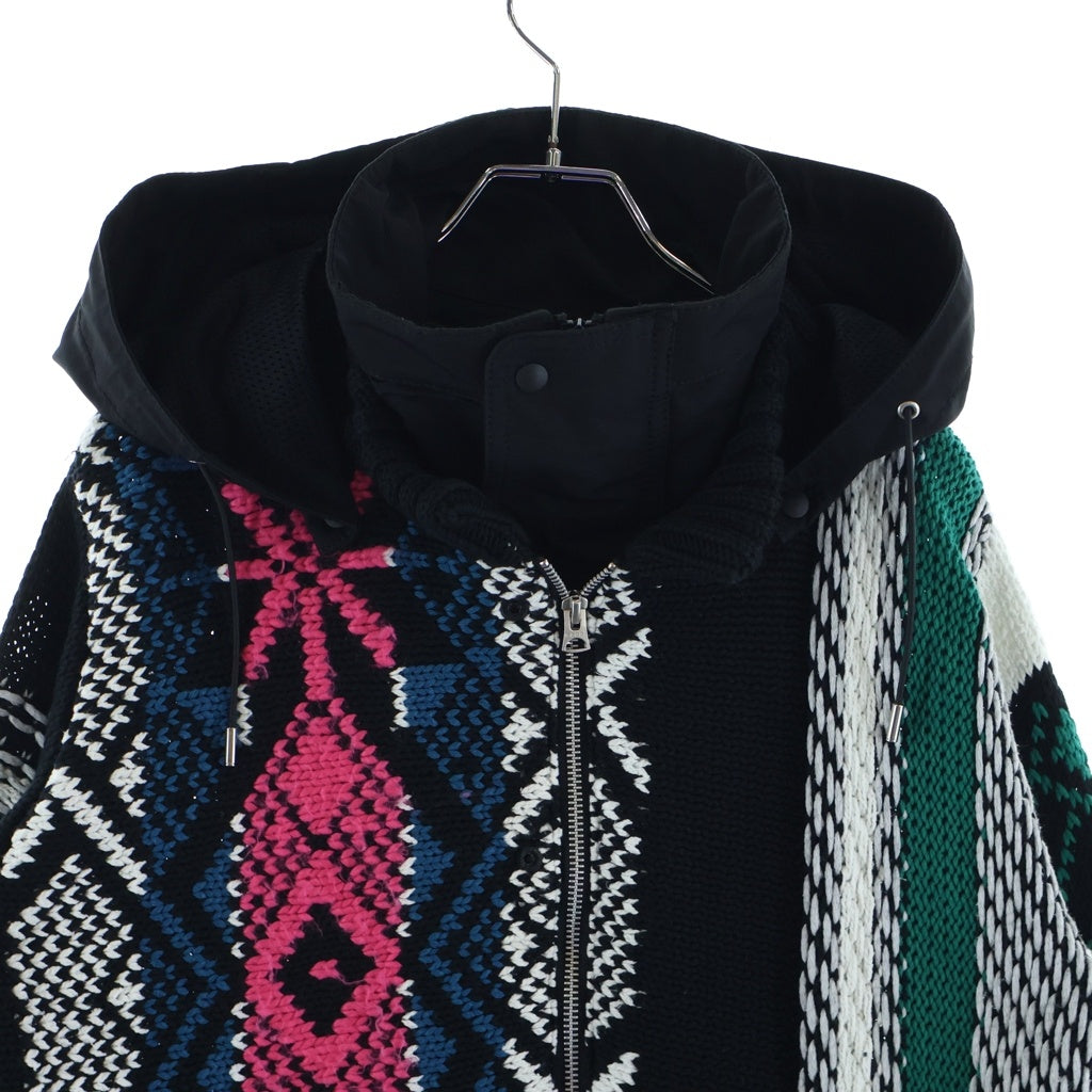Sacai(サカイ) 22SS ジャガードニット切り替え フーデッド ジップアップジャケット ブルゾン ブラック/マルチ 22-02748M レディース