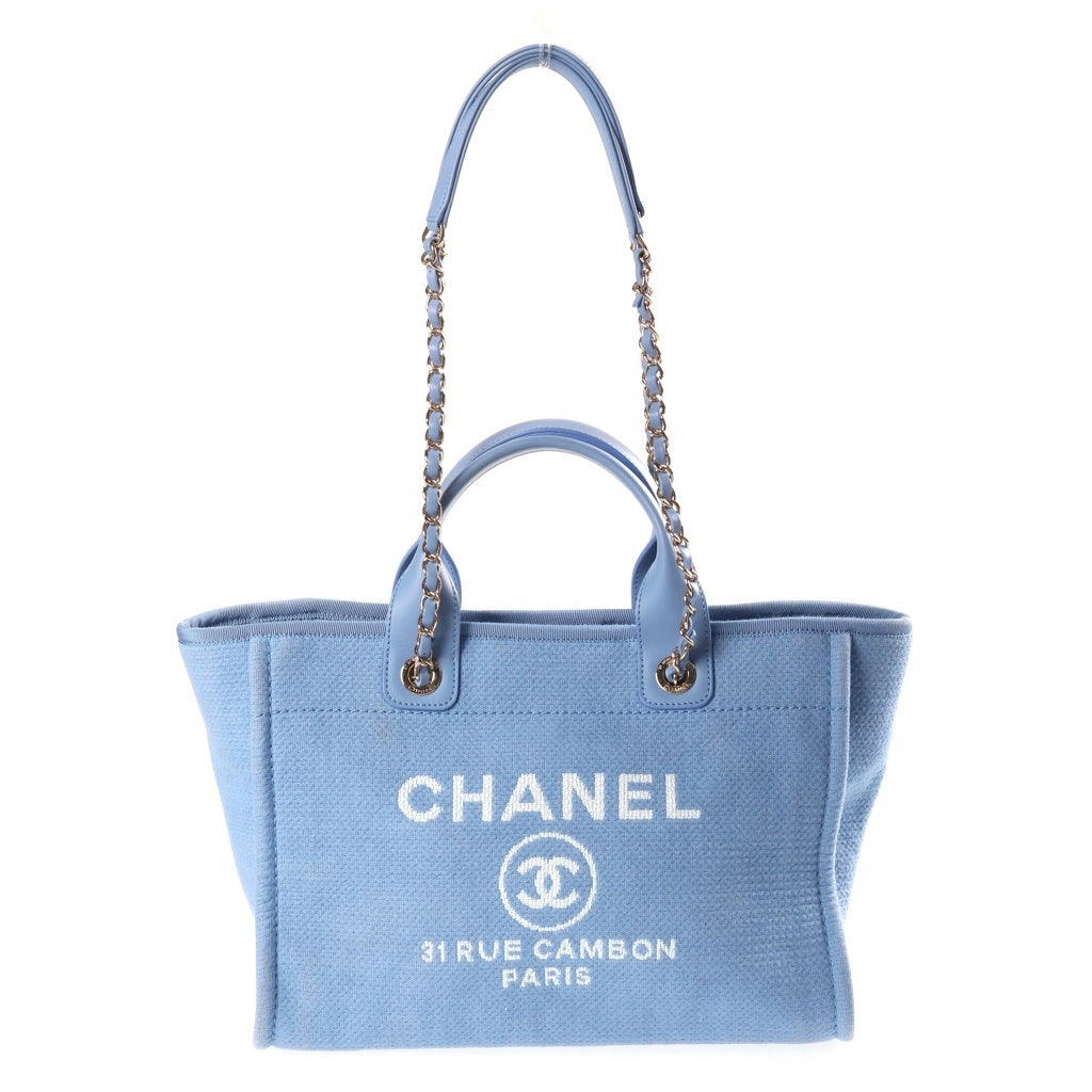 CHANEL(シャネル) ドーヴィル スモールショッピングバッグ チェーンハンドバッグ ブルー レザー×キャンバス AS3257 プレートシリアル ゴールド金具 レディース