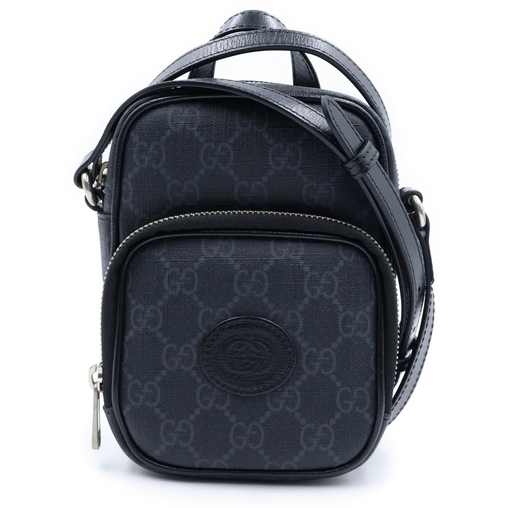 GUCCI(グッチ) インターロッキングG ミニショルダーバッグ ブラック レザー×PVC 672952 シルバー金具