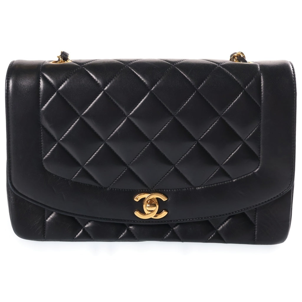CHANEL(シャネル) ダイアナ25 マトラッセ チェーンショルダーバッグ ブラック ラムスキン ゴールド金具 シール有 2番台 A01165 レディース