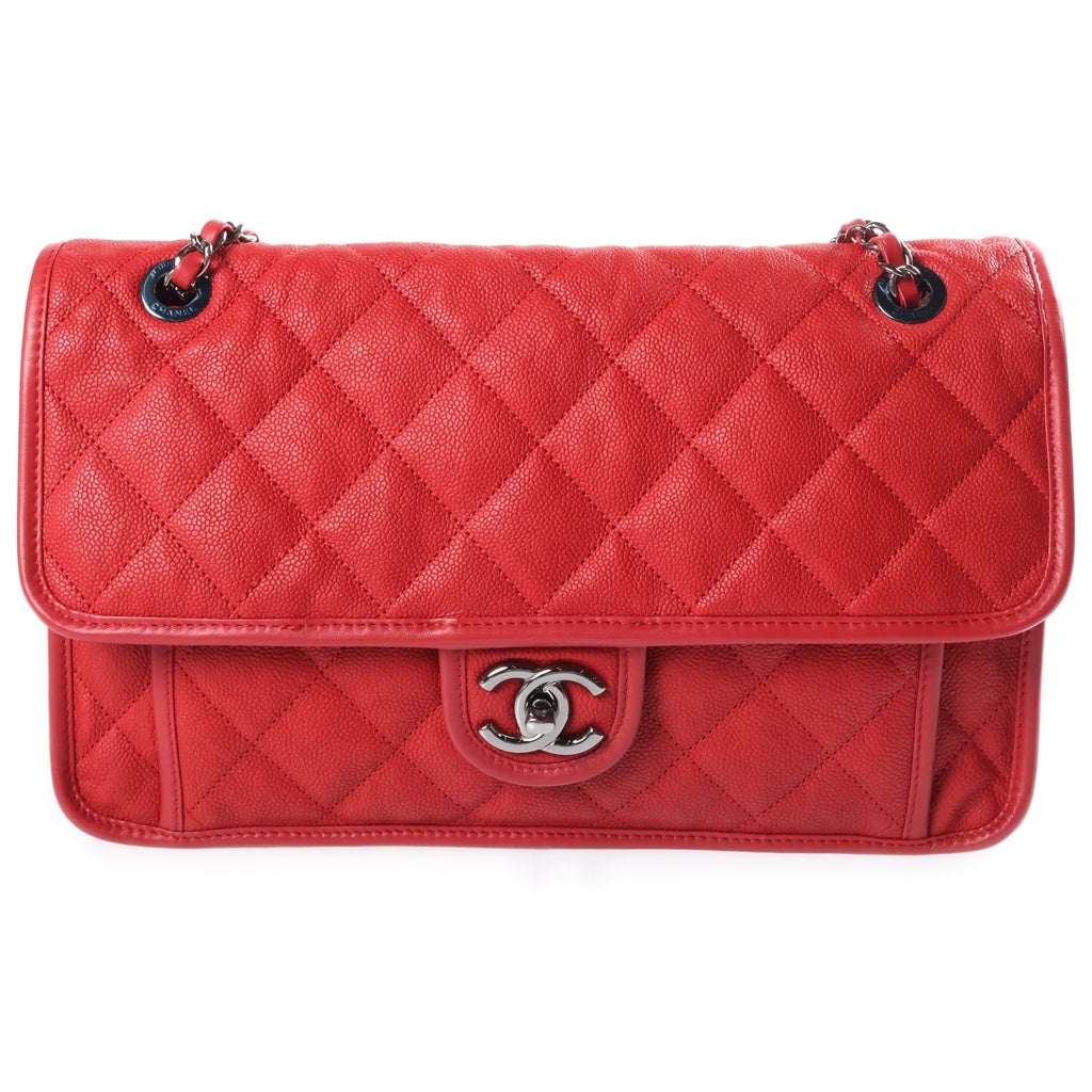 CHANEL(シャネル) フレンチリビエラ チェーンショルダーバッグ レッド キャビアスキン 20番台 ガンメタ金具 レディース