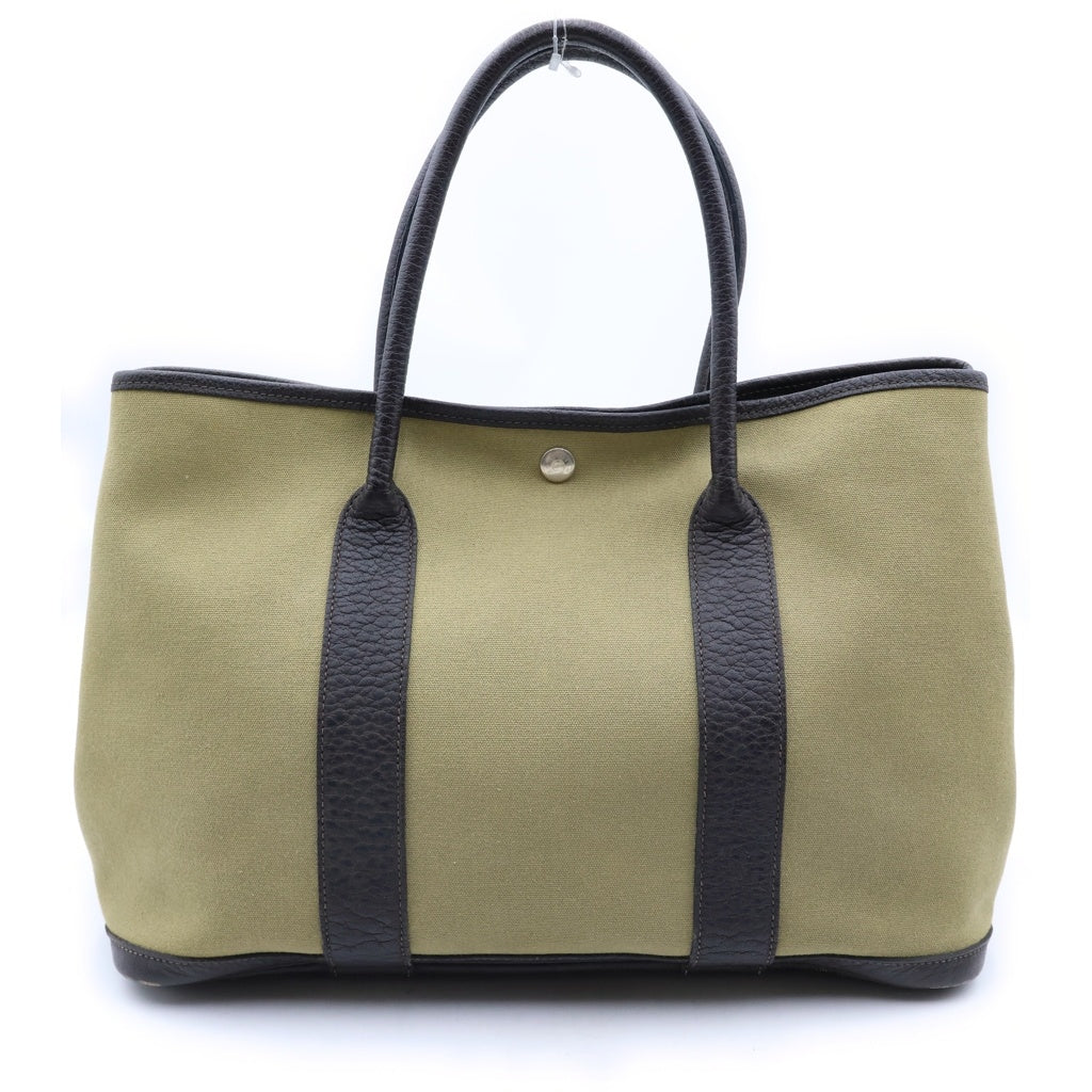 HERMES(エルメス) ガーデンパーティPM トートバッグ ハンドバッグ カーキ×ブラウン レザー×トワルアッシュ T刻印 シルバー金具 レディース