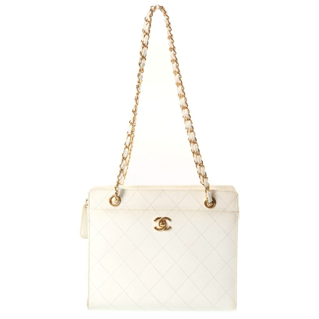 CHANEL(シャネル) ココマーク チェーンショルダーバッグ ホワイト キャビアスキン 4番台 ゴールド金具 レディース