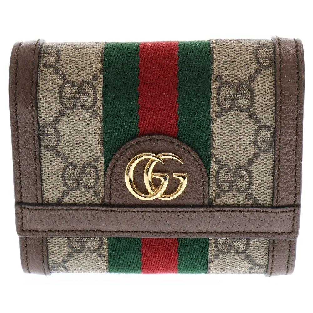 GUCCI(グッチ) GGスプリーム オフディア 三つ折り財布 ベージュ ブラウン PVC×レザー コンパクトウォレット 523174