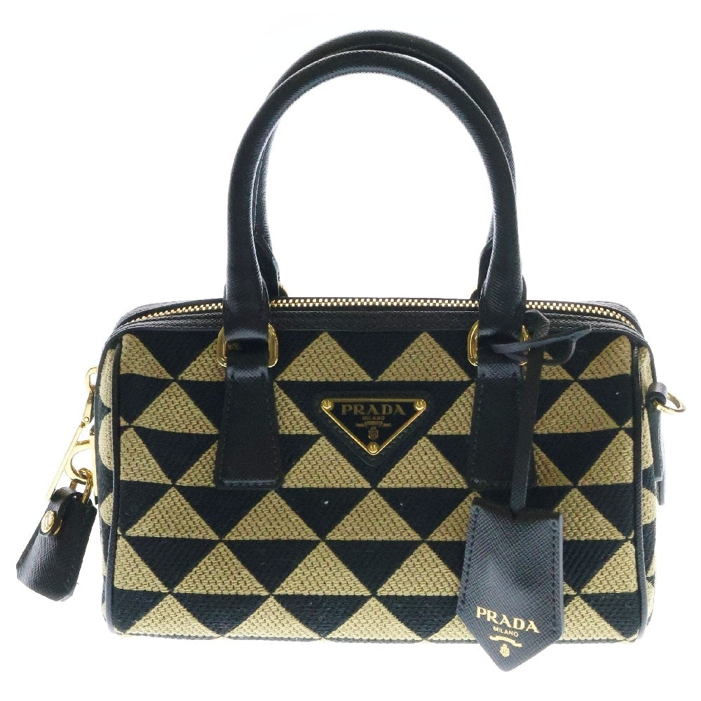 PRADA(プラダ) シンボル エンブロイダリー 2WAYハンドバッグ ショルダーバッグ ベージュ/ブラック/ゴールド金具 1BB846