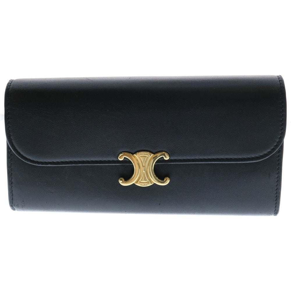 CELINE(セリーヌ) トリオンフ フラップロングウォレット 二つ折り長財布 ブラック レザー ゴールド金具 10E313BZG.38NO