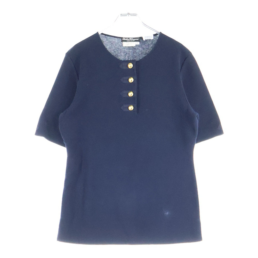 FERRAGAMO(フェラガモ) ゴールドボタン クルーネック ハーフスリーブ 五分袖 コットンニット ポロシャツ ネイビー