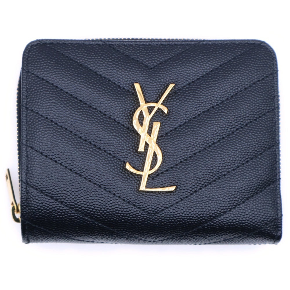 SAINT LAURENT PARIS(サンローランパリ) カサンドラ Vステッチ キルティングラウンドジップアップレザーコンパクトウォレット 二つ折り財布 ブラック/ゴールド GD金具 668288