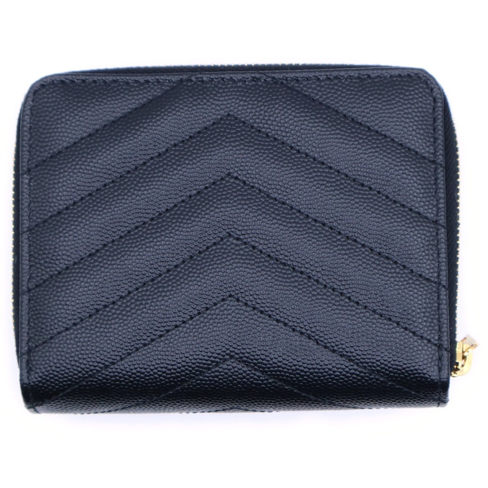 SAINT LAURENT PARIS(サンローランパリ) カサンドラ Vステッチ キルティングラウンドジップアップレザーコンパクトウォレット 二つ折り財布 ブラック/ゴールド GD金具 668288