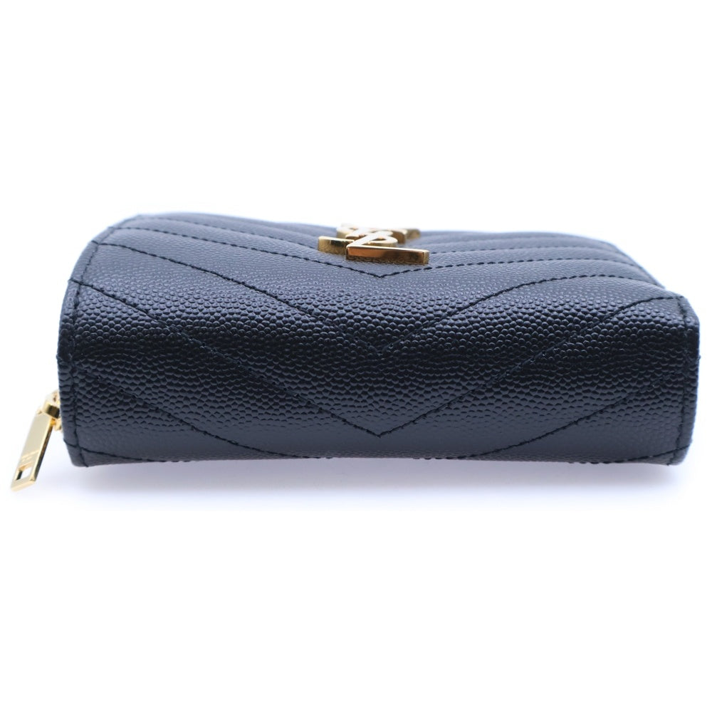 SAINT LAURENT PARIS(サンローランパリ) カサンドラ Vステッチ キルティングラウンドジップアップレザーコンパクトウォレット 二つ折り財布 ブラック/ゴールド GD金具 668288