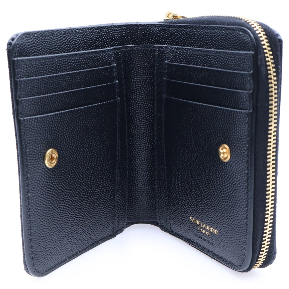 SAINT LAURENT PARIS(サンローランパリ) カサンドラ Vステッチ キルティングラウンドジップアップレザーコンパクトウォレット 二つ折り財布 ブラック/ゴールド GD金具 668288