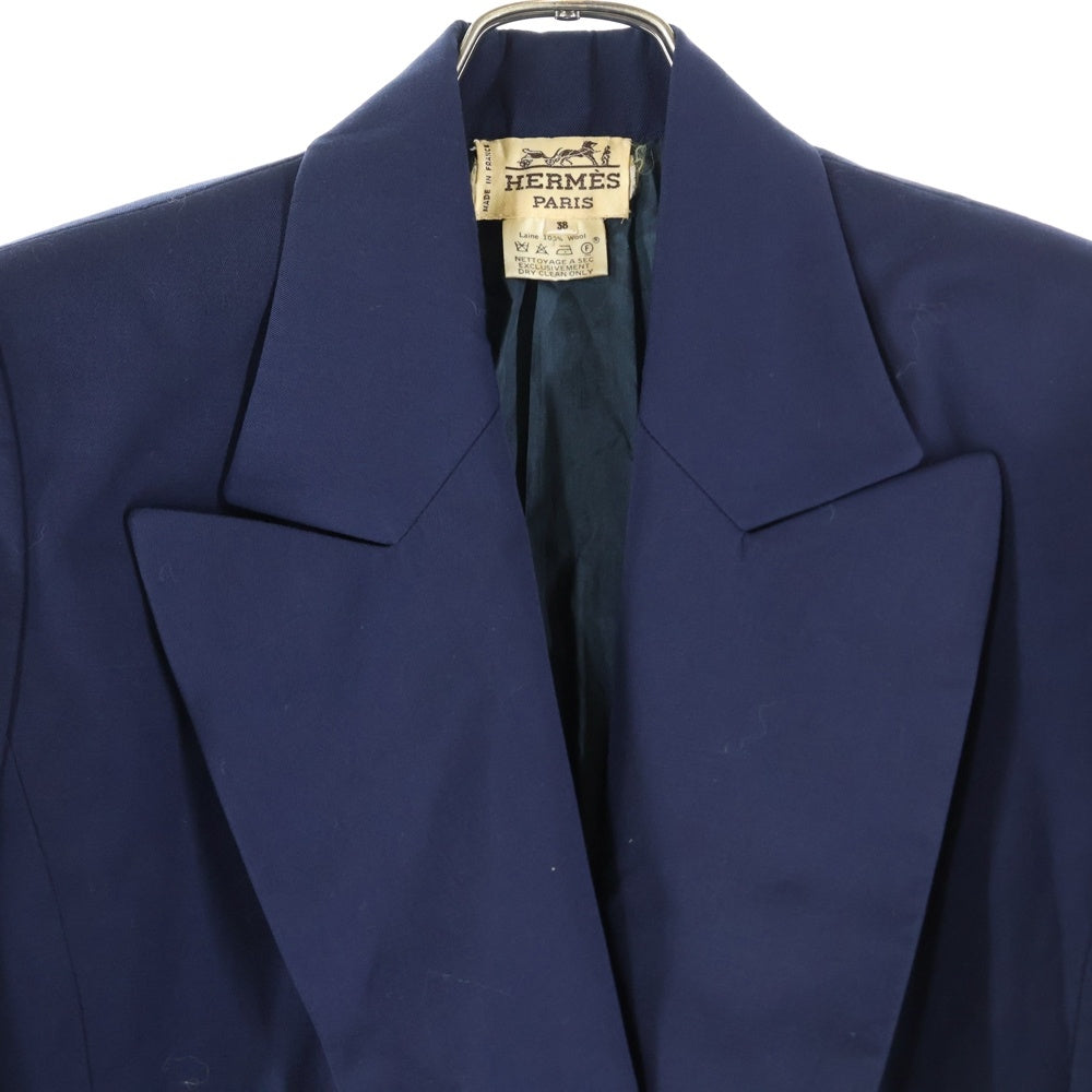 HERMES(エルメス) アンカー Hロゴボタン ウール ダブルブレスト ピークドラペル テーラードジャケット ネイビーブルー レディース