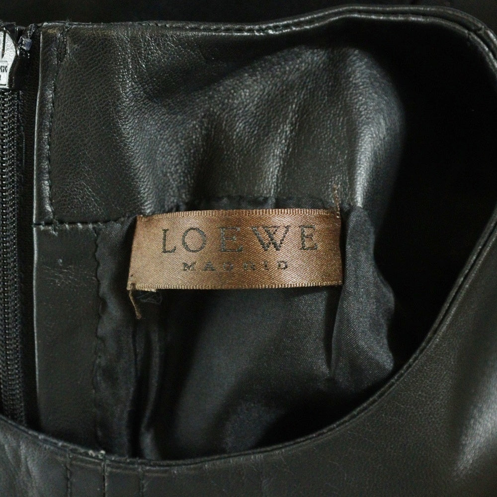 LOEWE(ロエベ) ラムスキン レザー ノースリーブ クルーネック ミディアム ワンピース ブラック レディース 761200