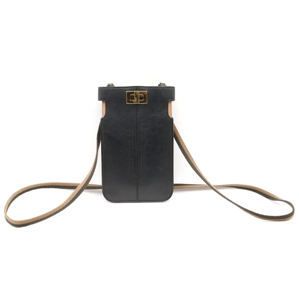 FENDI(フェンディ) ピーカフォン ミニショルダーバッグ ブラック×ベージュ レザー iPhoneケース 8M0442