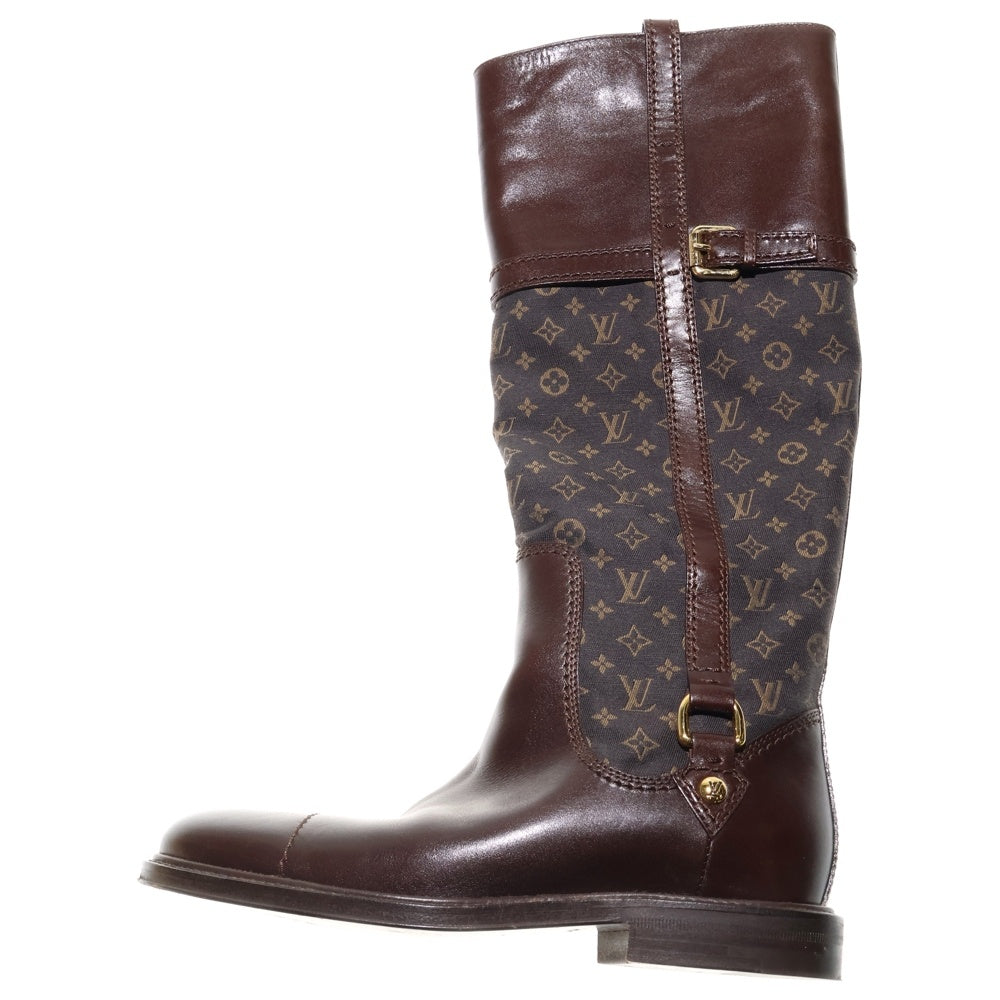 LOUIS VUITTON(ルイヴィトン) モノグラム ミニラン キャンバス レザー ジョッキー ロングブーツ シューズ ゴールド金具 ブラウン レディース