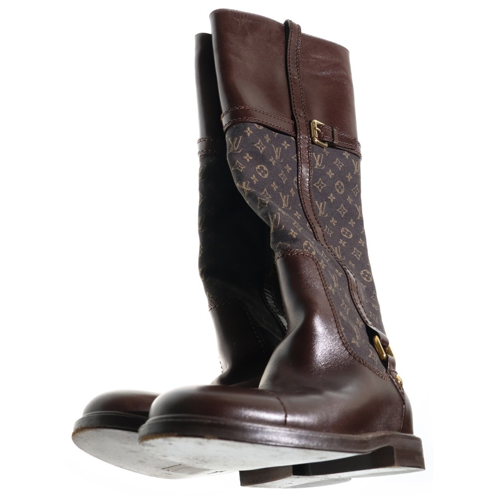 LOUIS VUITTON(ルイヴィトン) モノグラム ミニラン キャンバス レザー ジョッキー ロングブーツ シューズ ゴールド金具 ブラウン レディース