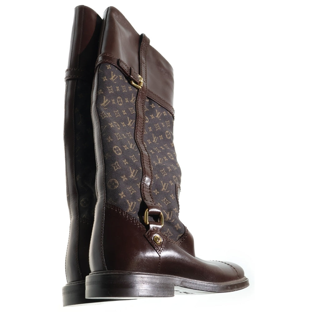LOUIS VUITTON(ルイヴィトン) モノグラム ミニラン キャンバス レザー ジョッキー ロングブーツ シューズ ゴールド金具 ブラウン レディース