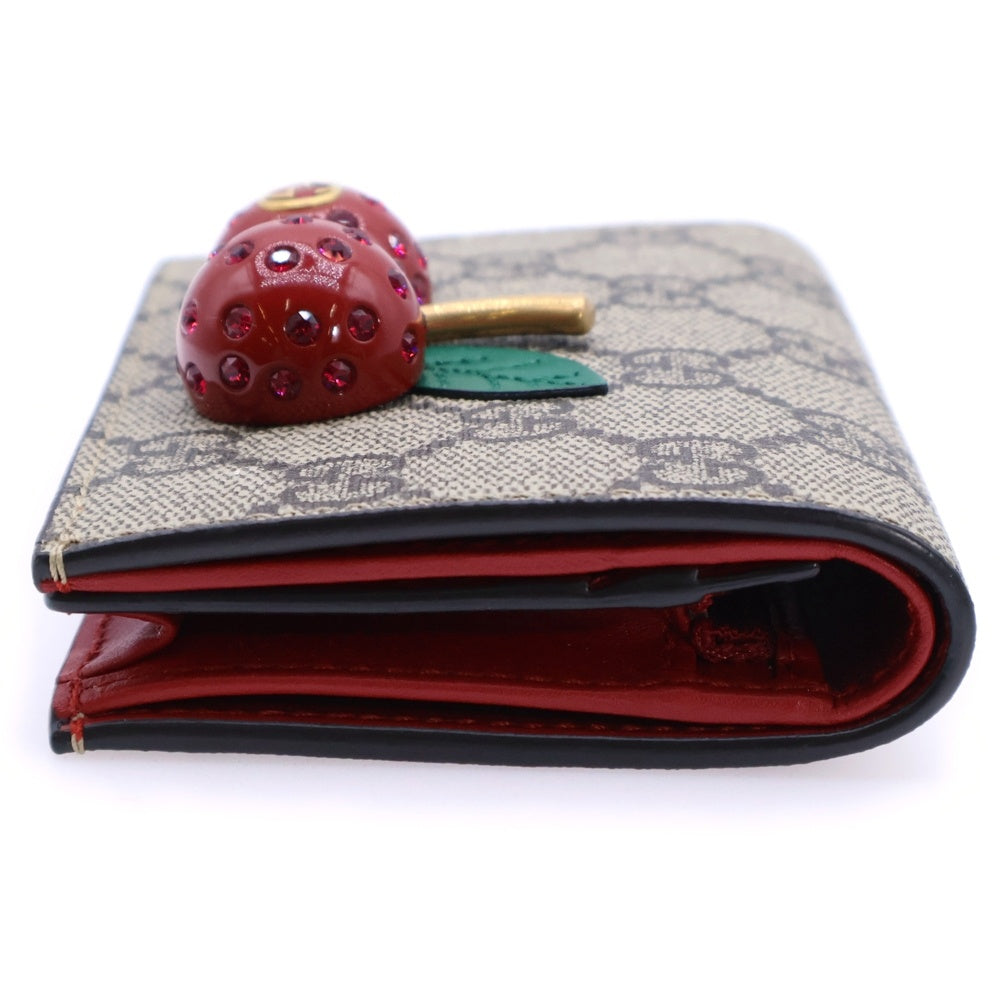 美品 グッチ GGスプリーム 2つ折り財布 チェリー インターロッキング　箱あり GUCCI(グッチ) GGスプリーム チェリー 二つ折り財布 コンパクト