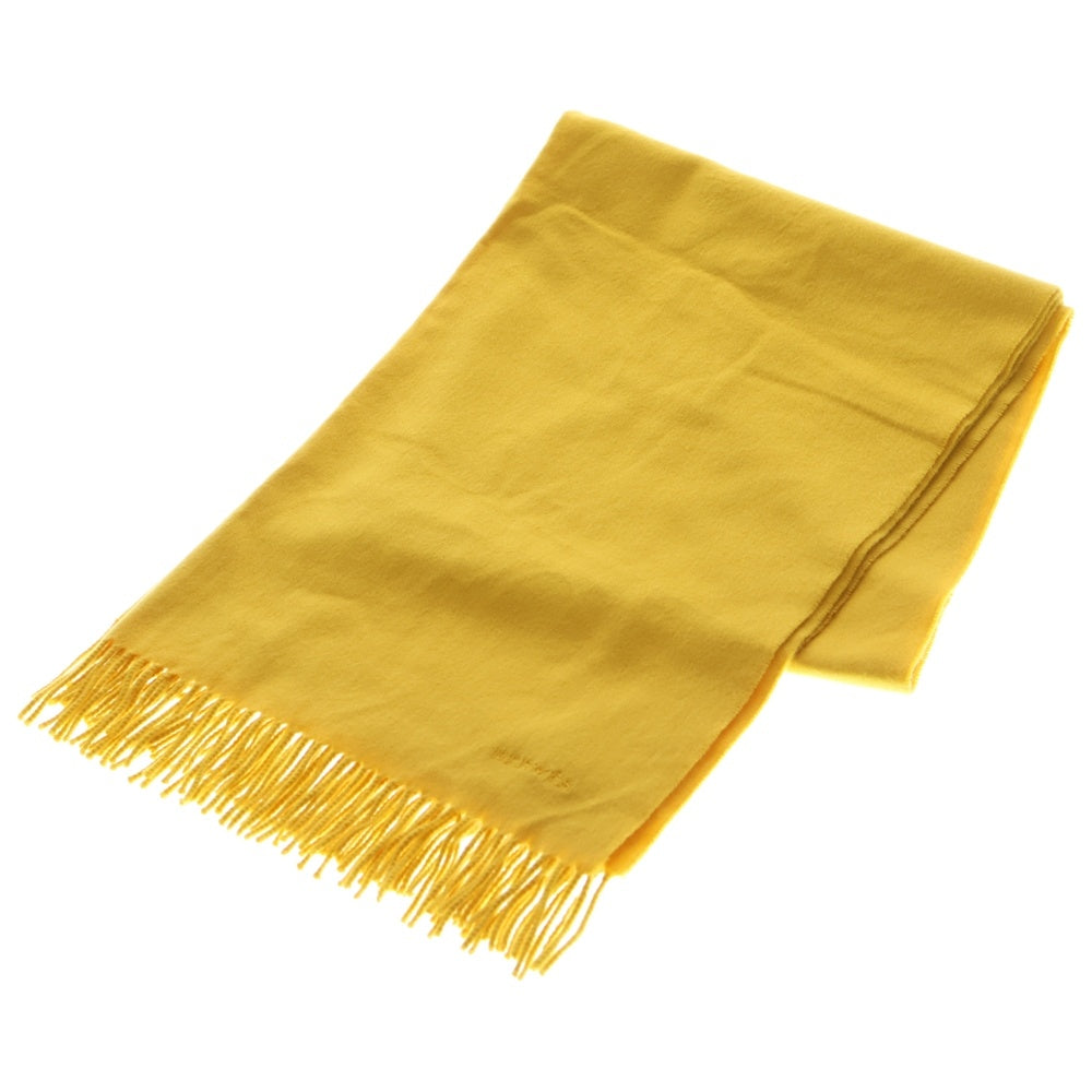 HERMES(エルメス) ワンポイントロゴ刺繍 カシミヤ フリンジ マフラー イエロー レディース