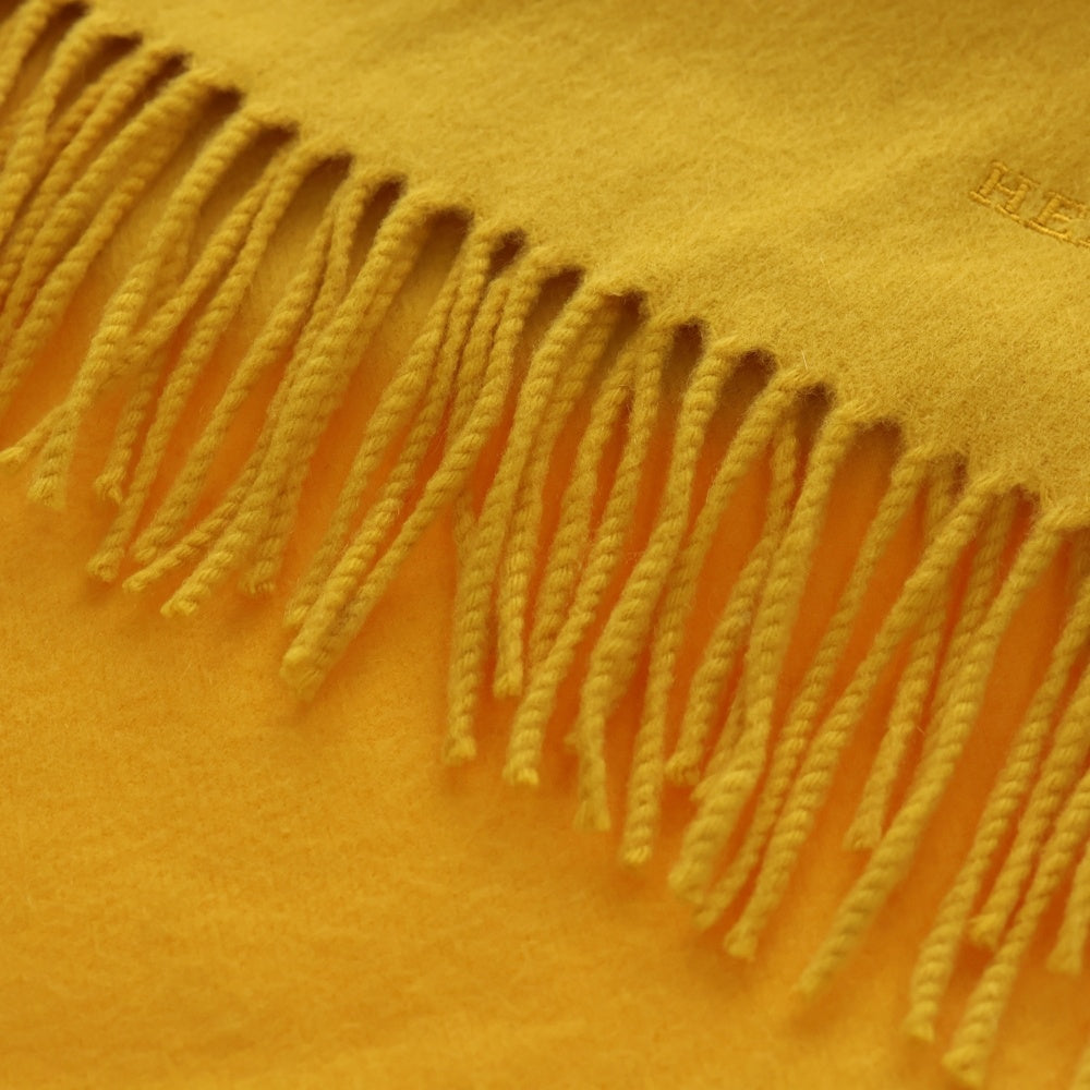 HERMES(エルメス) ワンポイントロゴ刺繍 カシミヤ フリンジ マフラー イエロー レディース