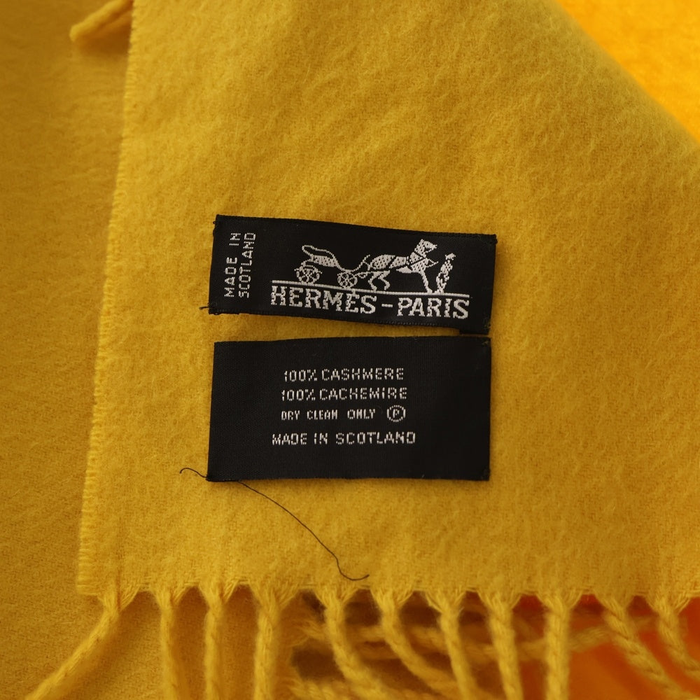 HERMES(エルメス) ワンポイントロゴ刺繍 カシミヤ フリンジ マフラー イエロー レディース