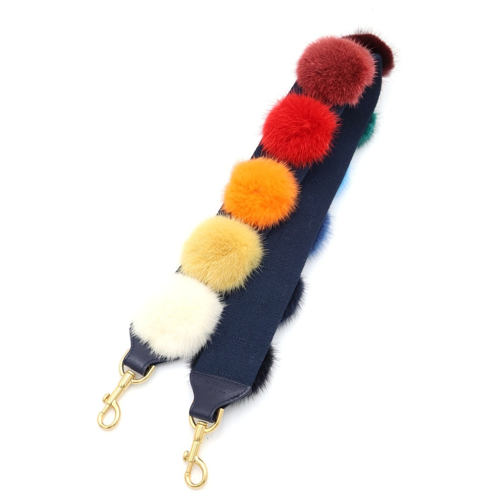 Anya Hindmarch(アニヤハインドマーチ) ファー装飾 キャンバス レザー ショルダーストラップ ゴールド金具 ネイビー/マルチカラー レディース