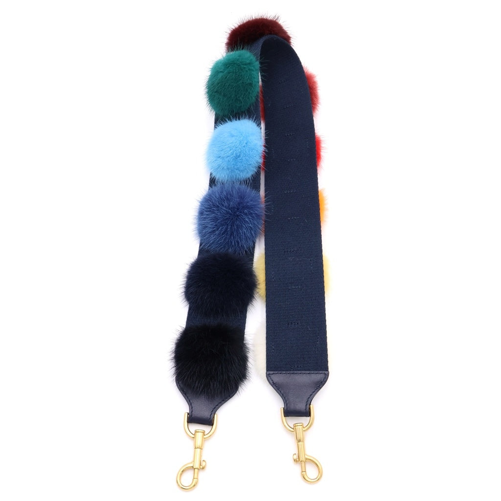 Anya Hindmarch(アニヤハインドマーチ) ファー装飾 キャンバス レザー ショルダーストラップ ゴールド金具 ネイビー/マルチカラー レディース