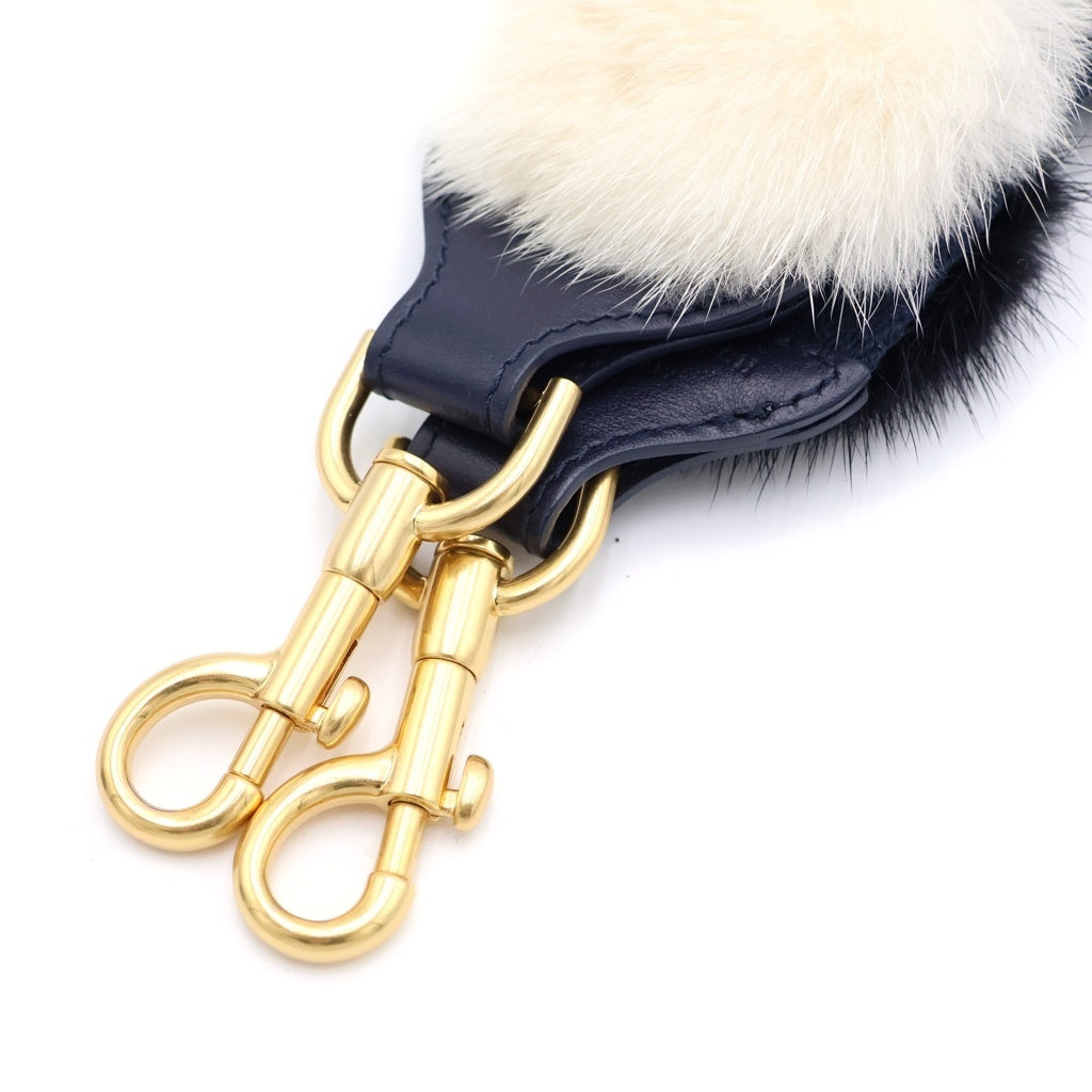 Anya Hindmarch(アニヤハインドマーチ) ファー装飾 キャンバス レザー ショルダーストラップ ゴールド金具 ネイビー/マルチカラー レディース