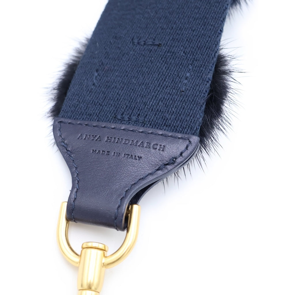 Anya Hindmarch(アニヤハインドマーチ) ファー装飾 キャンバス レザー ショルダーストラップ ゴールド金具 ネイビー/マルチカラー レディース