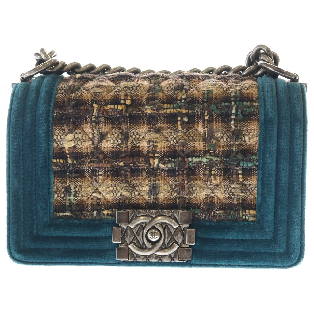 CHANEL(シャネル) ボーイシャネル マトラッセ ココマーク ベロア ツイード シルバー金具 チェーン ショルダーバッグ グリーン/ブラウン レディース