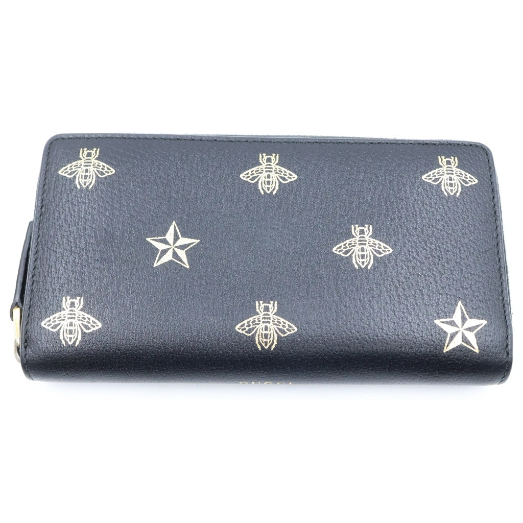GUCCI(グッチ) Bee ラウンドファスナーウォレット 長財布 カードケース ブラック レザー ゴールド金具 レディース