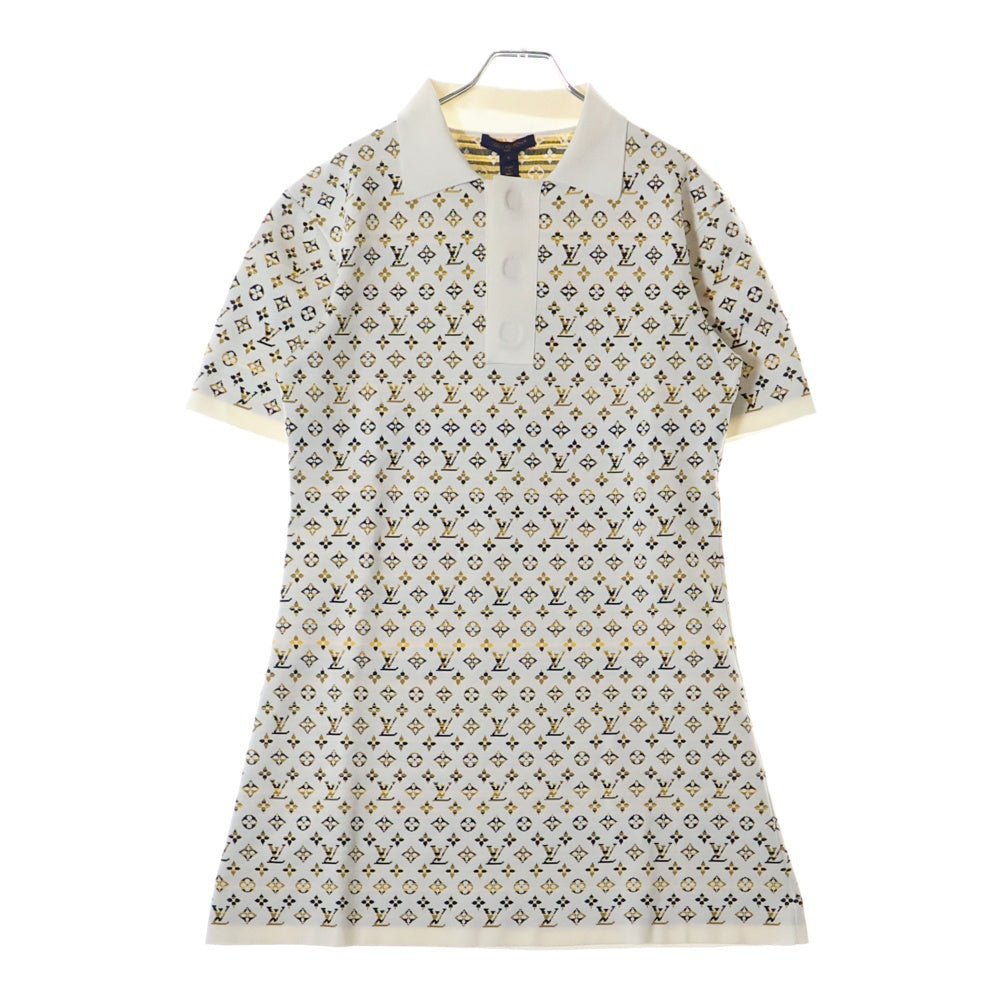 LOUIS VUITTON(ルイヴィトン) モノグラム ジャカード 総柄 シルクニット 半袖 ポロドレス ワンピース ホワイト/イエロー レディース RW231B 217 FOKD89