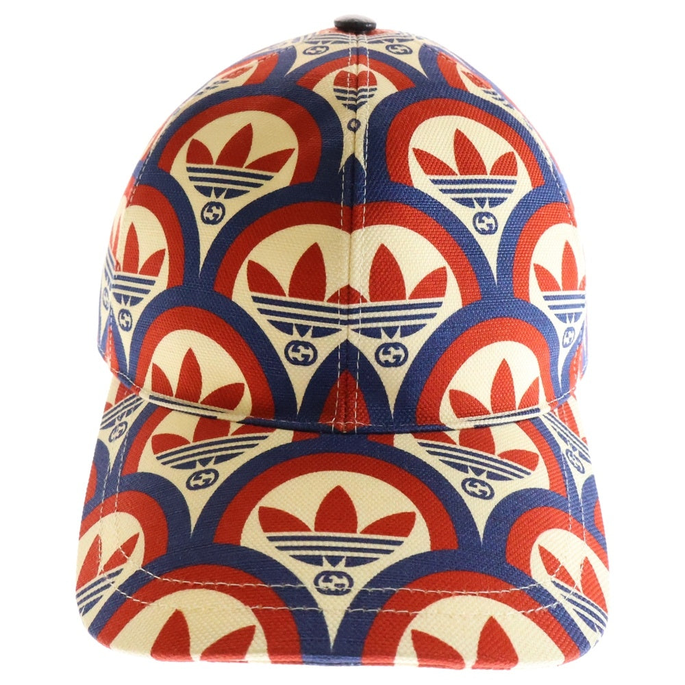 GUCCI(グッチ) ×adidas Trefoil Print Baseball アディダス トレフォイルロゴ プリント 総柄 キャンバス レザー 6パネル ベースボールキャップ レッド/ブルー 696485