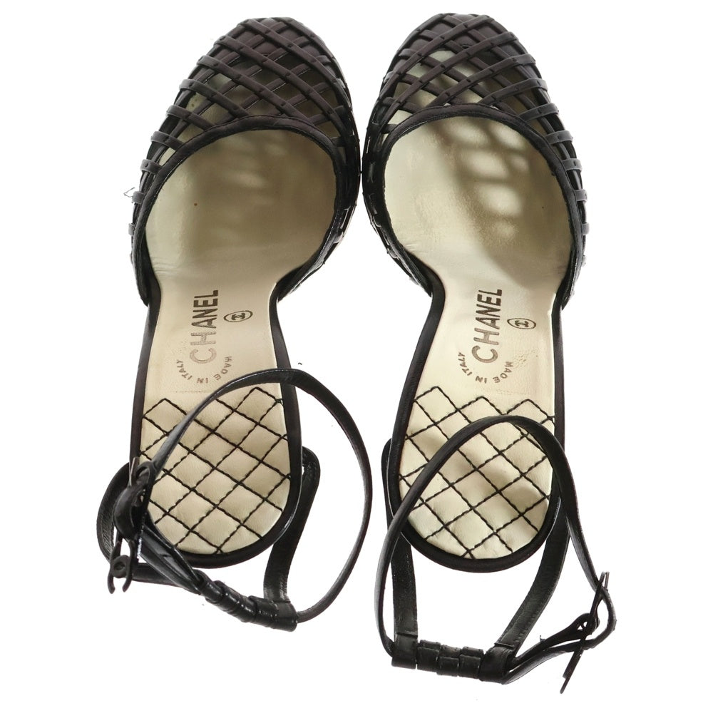 CHANEL(シャネル) ココマーク レザー メッシュ アンクルストラップ ヒールサンダル パンプス ブラック レディース