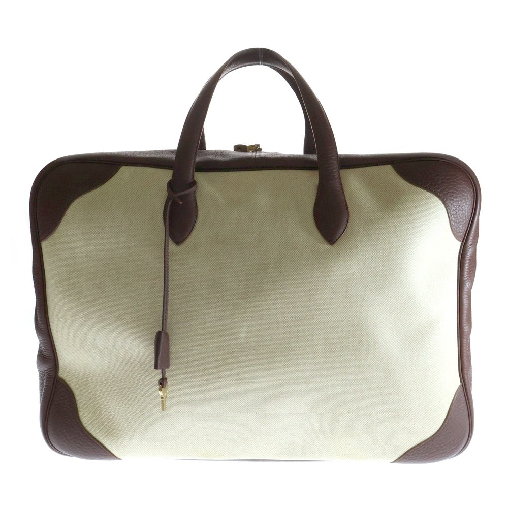 HERMES(エルメス) ヴィクトリア50 ハンドバッグ ボストンバッグ アイボリー×ブラウン トワルアッシュ ゴールド金具