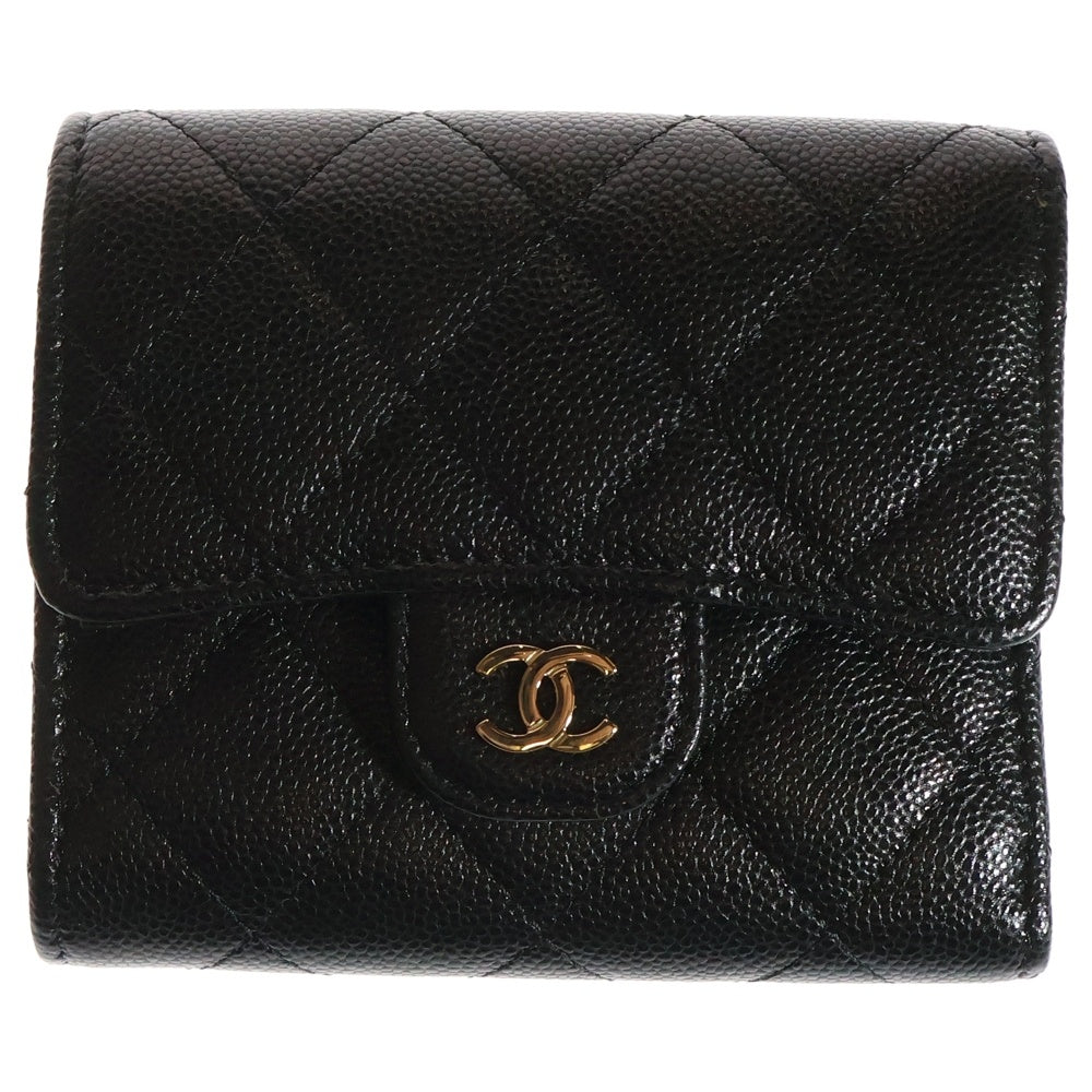 CHANEL(シャネル) マトラッセ クラシック ココマーク キャビアスキン レザー スモールフラップ コンパクトウォレット 三つ折り財布 ゴールド金具 ブラック