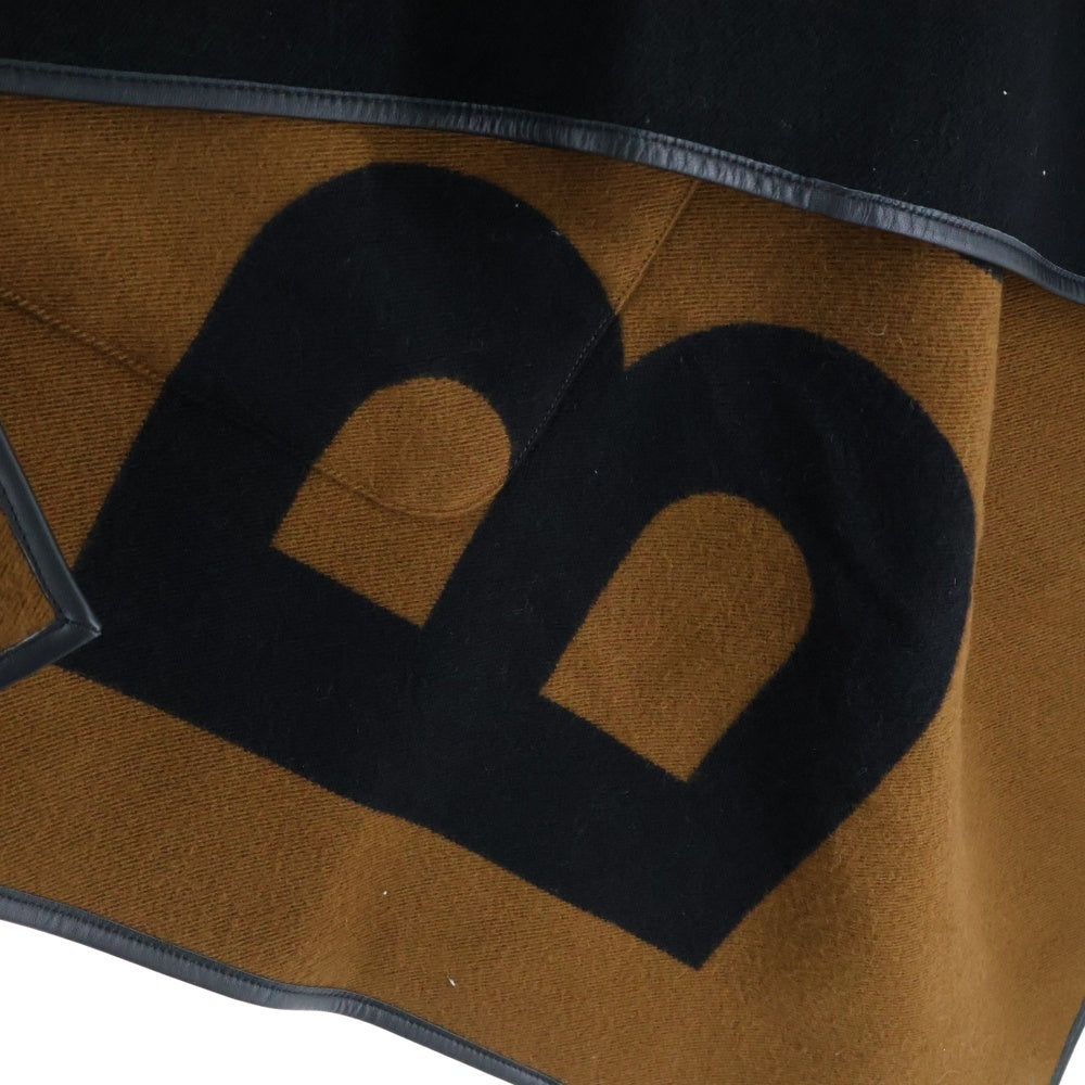 BURBERRY(バーバリー) ビッグロゴ ジャガード ラムレザーパイピング ウール フーデッド ケープ ポンチョ ブラウン/ブラック 8022770