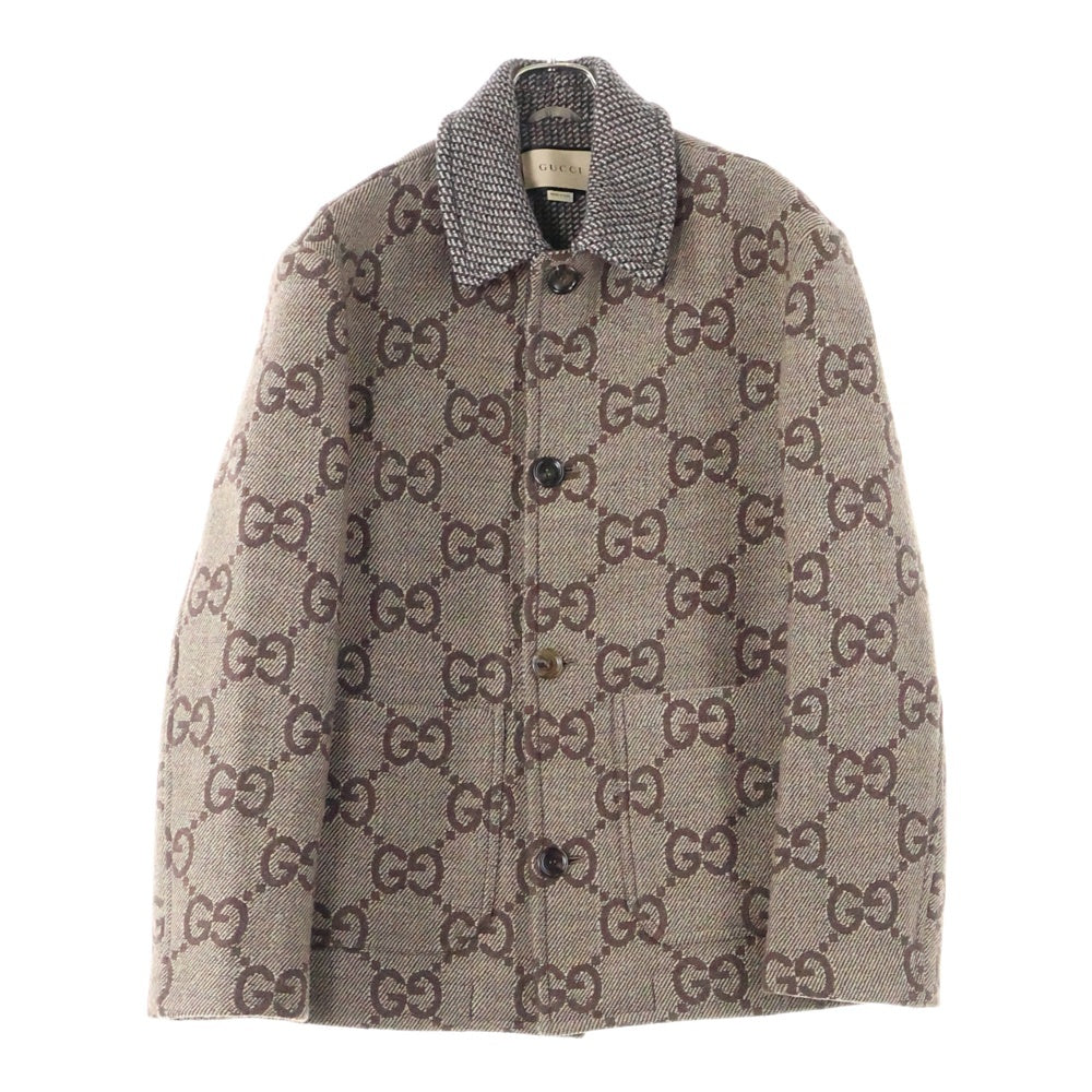GUCCI(グッチ) マキシGG ジャカード 総柄 ウール ステンカラー ジャケット ショート コート ブラウン 770760