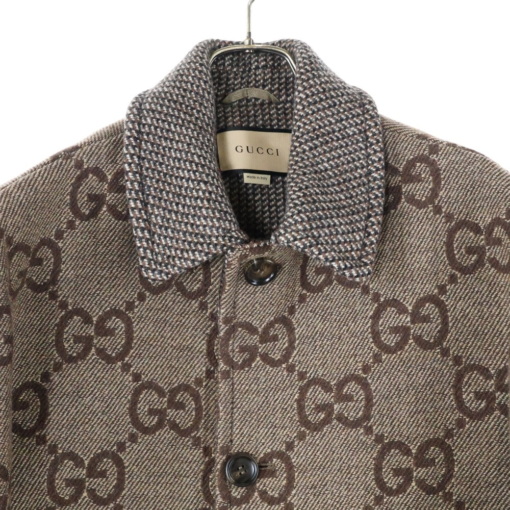GUCCI(グッチ) マキシGG ジャカード 総柄 ウール ステンカラー ジャケット ショート コート ブラウン 770760
