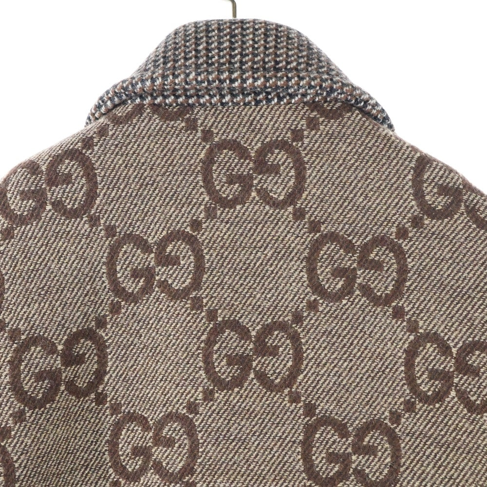 GUCCI(グッチ) マキシGG ジャカード 総柄 ウール ステンカラー ジャケット ショート コート ブラウン 770760