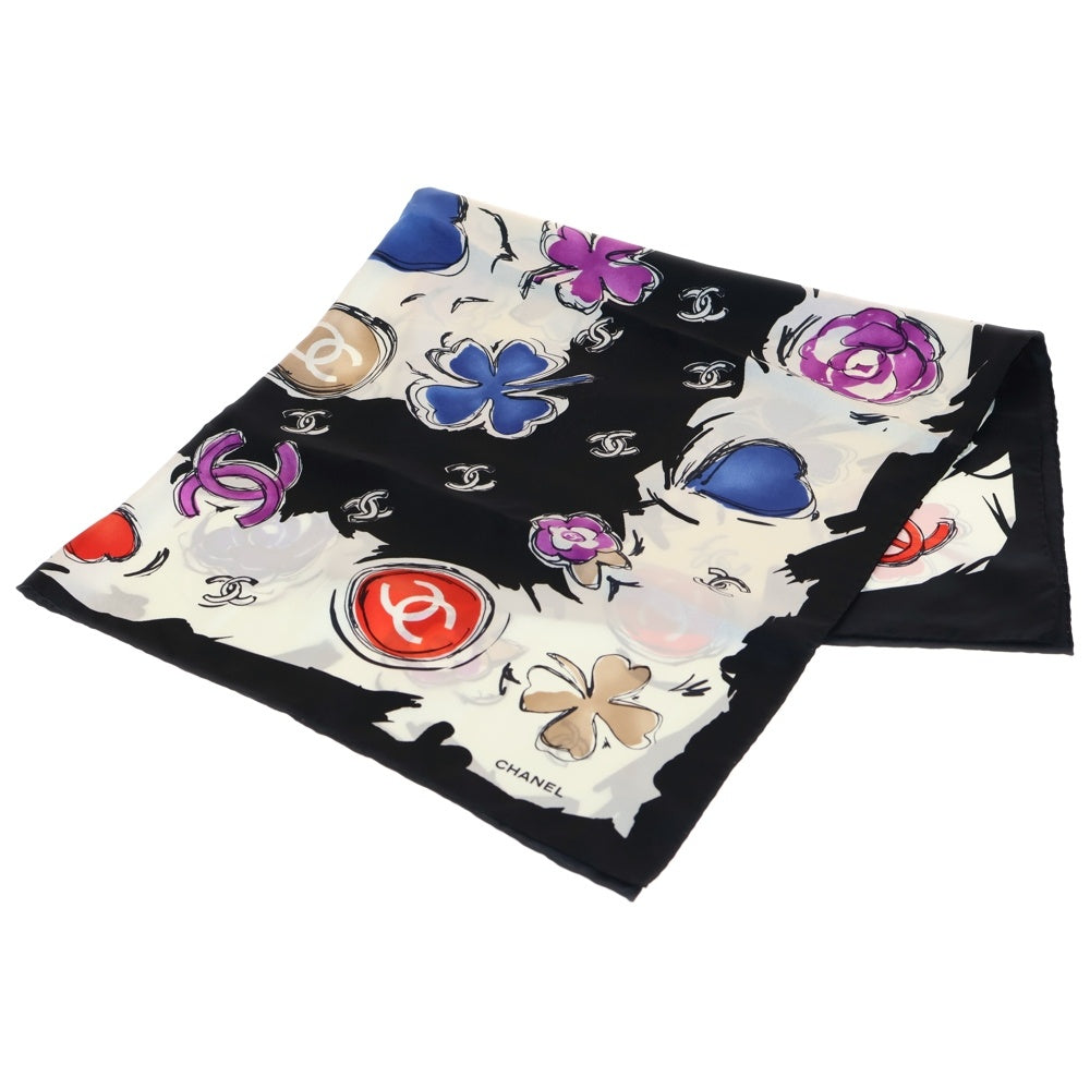 CHANEL(シャネル) カメリア総柄 シルク スカーフ ブラック