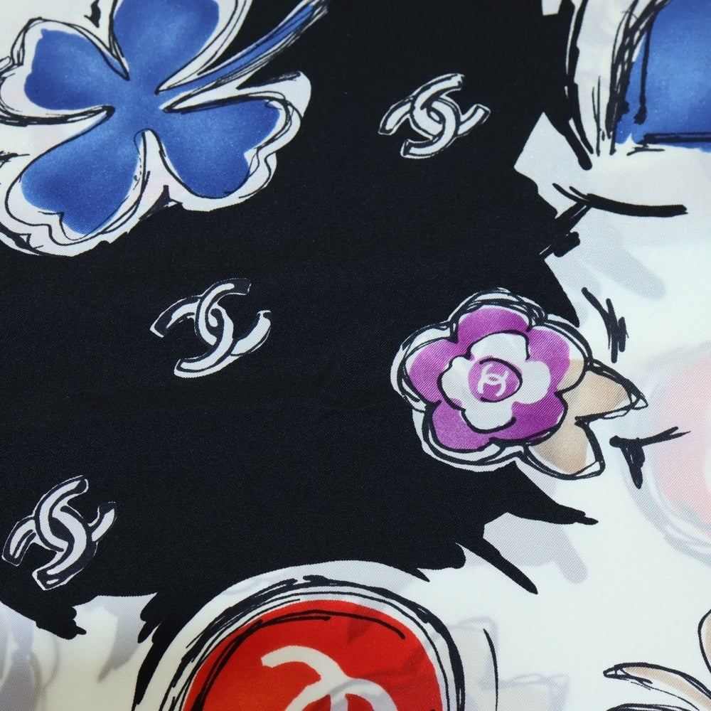 CHANEL(シャネル) カメリア総柄 シルク スカーフ ブラック