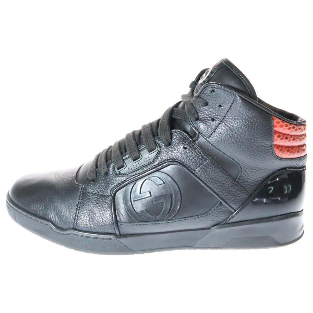 GUCCI(グッチ) インターロッキングG ラバーロゴ パイソン型押し コンビレザー レースアップ ハイカットシューズ スニーカー ブラック/レッド 295322