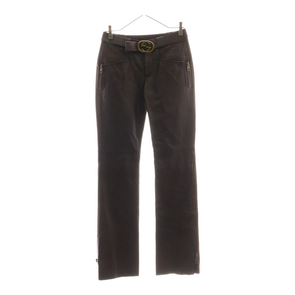 GUCCI(グッチ) インターロッキングG ベルト付き サイドジップ カウレザー ストレート パンツ ゴールド金具 ブラウン 119758