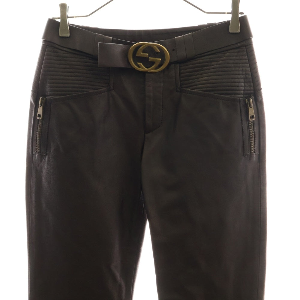 GUCCI(グッチ) インターロッキングG ベルト付き サイドジップ カウレザー ストレート パンツ ゴールド金具 ブラウン 119758