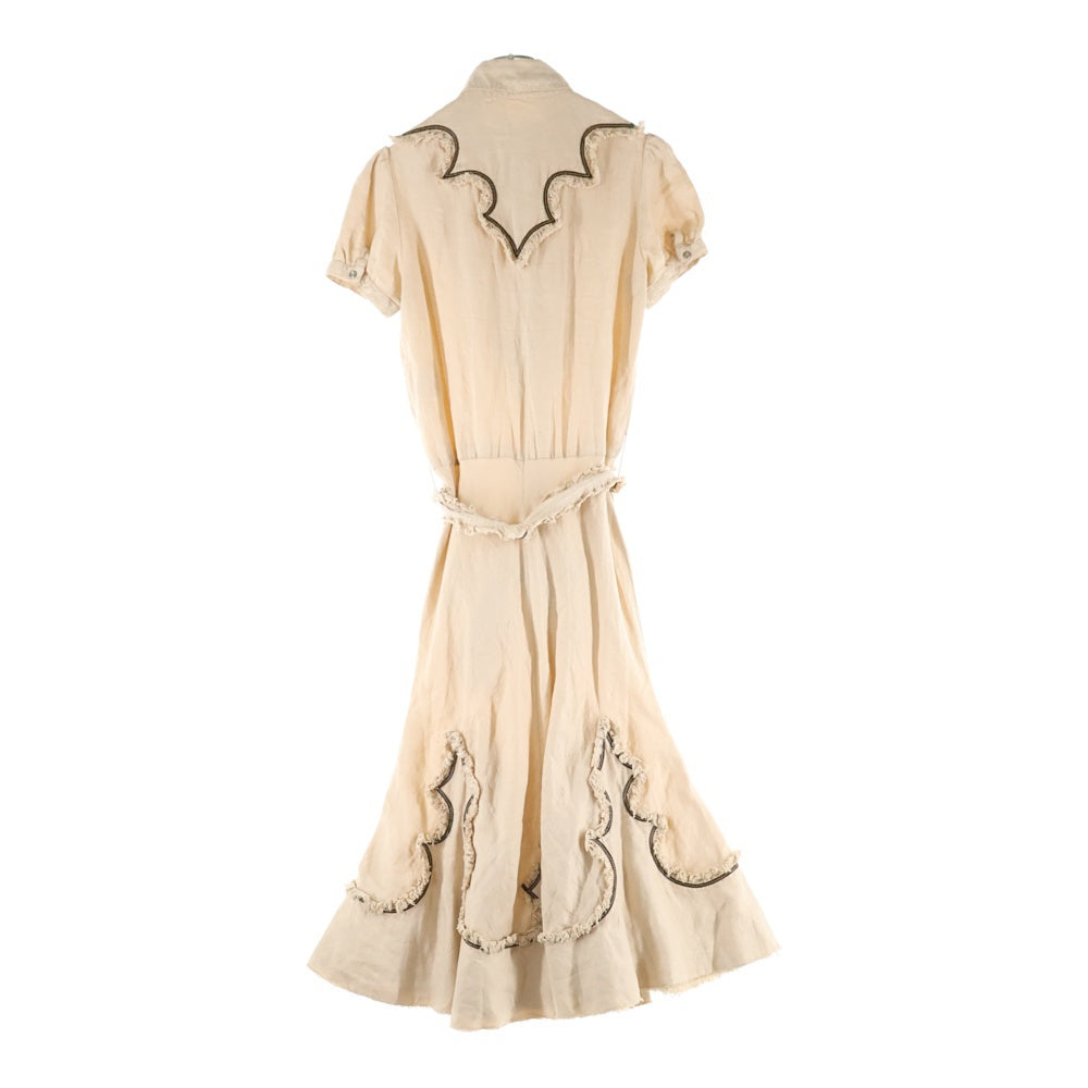 DSQUARED2(ディースクエアード) リネン レザーコード刺繍 カットオフ フリル スナップボタン パフスリーブ 半袖 ロング フレア ワンピース ベージュ レディース 73CT030PPT